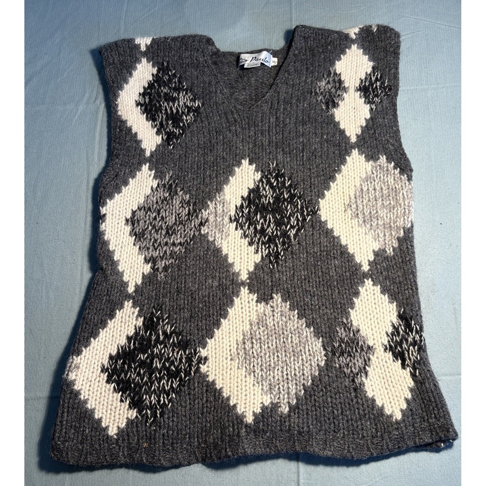 Sao Paulo Wool Sweater Vest Womens Small Gray Geometric Argyle Knit V-Neck